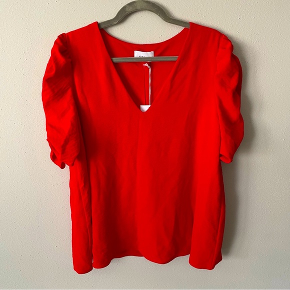 Adrienne Tops - NWT Adrienne Red Ruched Sleeves V-Neck Top | Size Large